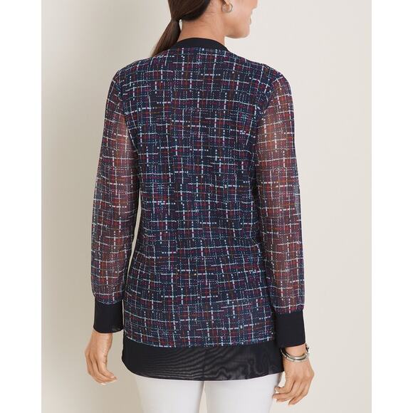 Chico’s Women's Size 0 US S Tweed Mesh Cardigan Sweater Long Sleeve Navy/Pink - Picture 2 of 8